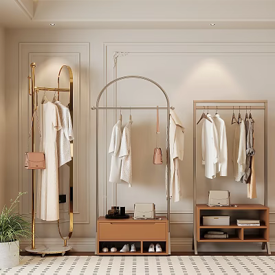 Elegant Clothes Racks With Golden Arch Metal Curved And Wooden Design Hanging White Clothes Handbags 3d model