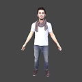 Man Standing in Grey Background Wearing White T-shirt Brown Scarf Blue Jeans and Brown Shoes
