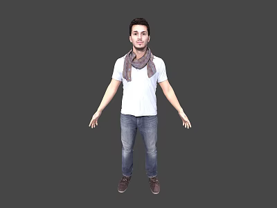 Man Standing in Grey Background Wearing White T-shirt Brown Scarf Blue Jeans and Brown Shoes 3d model