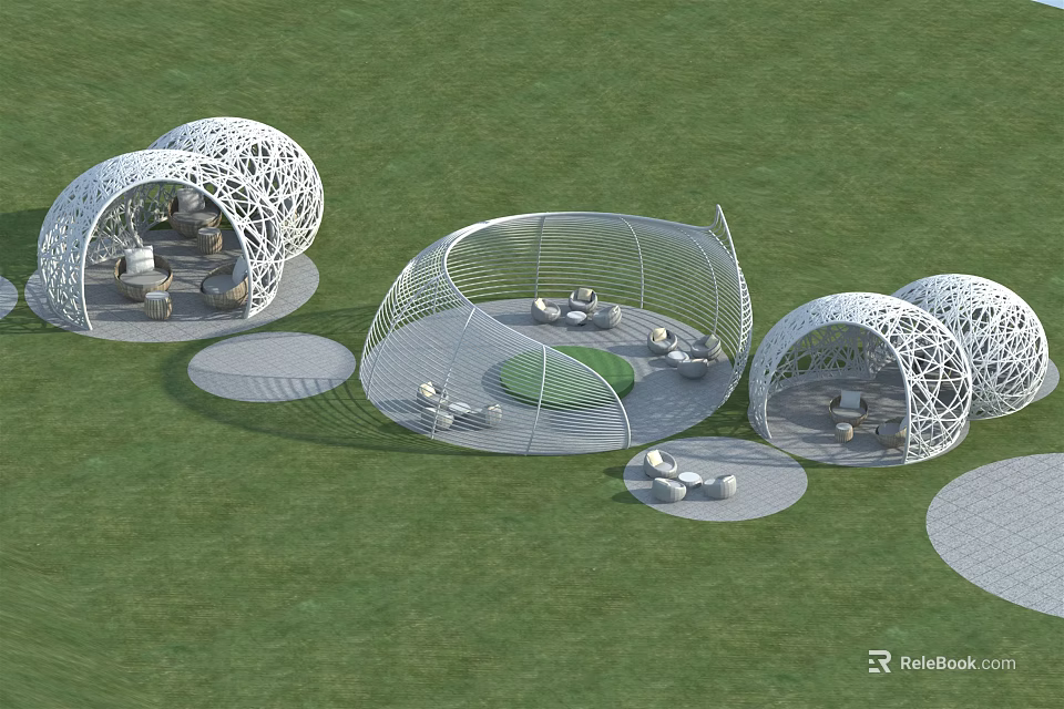 White Openwork Pergola Design With Seating On Green Grass And Circular Platforms 3d model 