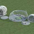 White Openwork Pergola Design With Seating On Green Grass And Circular Platforms