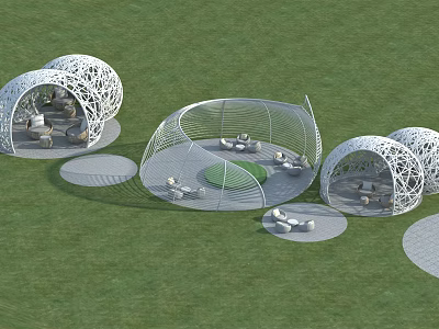 White Openwork Pergola Design With Seating On Green Grass And Circular Platforms 3d model
