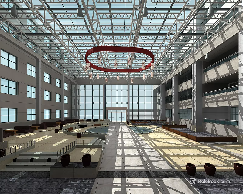 Spacious Hall Interior With Glass Ceiling Steel Structure Large Windows And Light Shadows 3d model