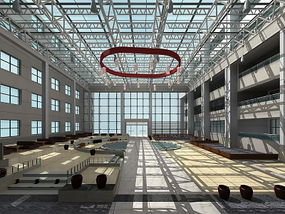 Spacious Hall Interior With Glass Ceiling Steel Structure Large Windows And Light Shadows 3d model