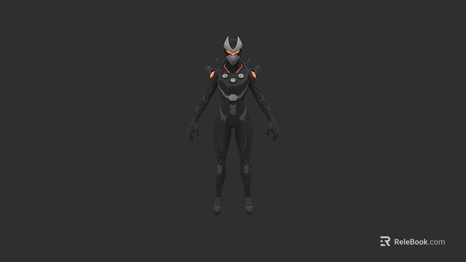 Game Movie Character In Futuristic Black White Armor With Orange Accents 3d model 
