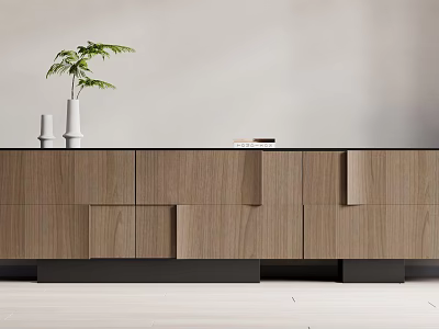 Sleek Modern Wooden Decorative Cabinet With Green Plant And White Vase 3d model