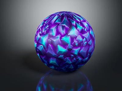 Purple And Blue Diamond Cut Polyhedral Sphere On Black Background With Glossy Reflection 3d model