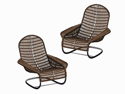 Two Woven Rattan Leisure Chairs with Curved Metal Frame in Brown and White Design 3d model