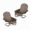 Two Woven Rattan Leisure Chairs with Curved Metal Frame in Brown and White Design