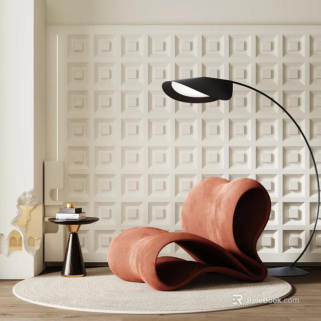 Modern Orange Accent Chair With Geometric Patterned Wall Floor Lamp And Side Table 3d model
