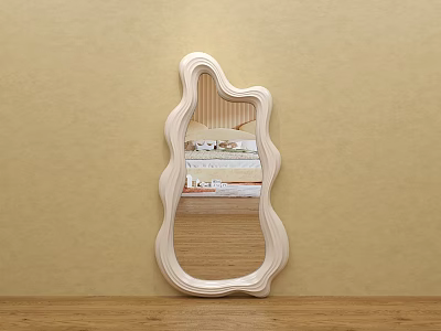 Light Colored Irregular Wavy Frame Mirror Hung On Beige Wall Reflecting Room Interior 3d model