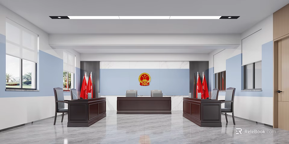 Conference Room With Red Flags Central Emblem Dark Wooden Tables Chairs And Light Blue Walls 3d model 