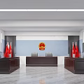 Conference Room With Red Flags Central Emblem Dark Wooden Tables Chairs And Light Blue Walls