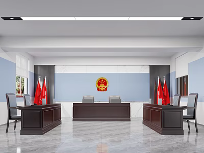 Conference Room With Red Flags Central Emblem Dark Wooden Tables Chairs And Light Blue Walls 3d model