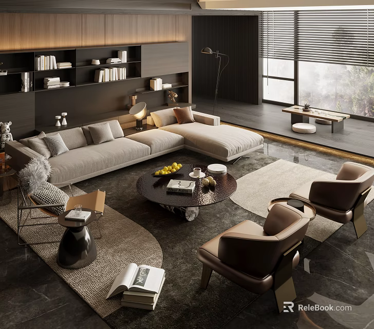Contemporary Gray L shaped Fabric Sofa And Round Coffee Table Set With Area Rug And Armchairs 3d model 