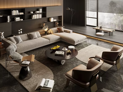 Contemporary Gray L shaped Fabric Sofa And Round Coffee Table Set With Area Rug And Armchairs 3d model