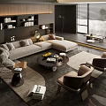 Contemporary Gray L shaped Fabric Sofa And Round Coffee Table Set With Area Rug And Armchairs