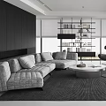 Modern Living Room Interior With Grey Sofa Round Coffee Table Bookshelf And Floor Lamp