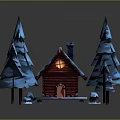 Cartoon Winter Scene With Snow Covered Log Cabin Pine Trees And Warm Light