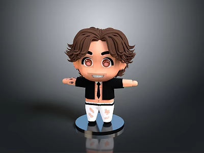 Cute Cartoon Character Figurine With Brown Curly Hair Red Eyes And Black Shirt 3d model
