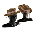 Stylish Straw Hats with Bowknots and Black Pink Red Ribbons on Mannequin