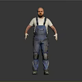 A man wearing blue overalls white T-shirt white gloves and knee pads against gray background
