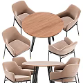 Modern Round Dining Table Set With Wooden Top Metal Legs And Beige Fabric Upholstered Chairs