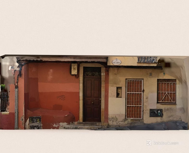 Old Building Exterior With Red And Beige Walls Wooden Door Iron Grille Windows And Graffiti 3d model 
