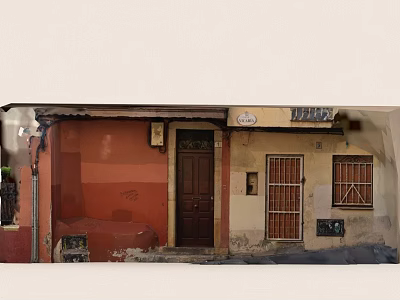 Old Building Exterior With Red And Beige Walls Wooden Door Iron Grille Windows And Graffiti 3d model