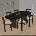 Modern Oval Dark Table and Six Chair Set With Light Cushions Wooden Floor and Blinds