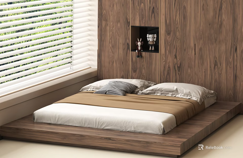 Modern Platform Double Bed with Wooden Headboard Wall Niche Decorations Window Blinds and Greenery View 3d model 