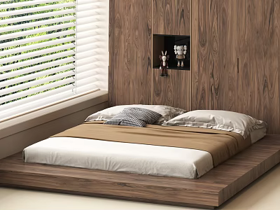 Modern Platform Double Bed with Wooden Headboard Wall Niche Decorations Window Blinds and Greenery View 3d model