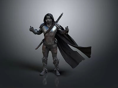 Fantasy Warrior In Medieval Armor With Black Cloak Standing And Holding Sword 3d model