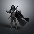 Fantasy Warrior In Medieval Armor With Black Cloak Standing And Holding Sword