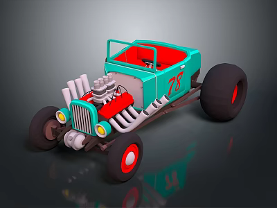 Teal Vintage Hot Rod With Red Interior Exposed Engine Number 78 And Large Wheels 3d model