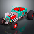 Teal Vintage Hot Rod With Red Interior Exposed Engine Number 78 And Large Wheels