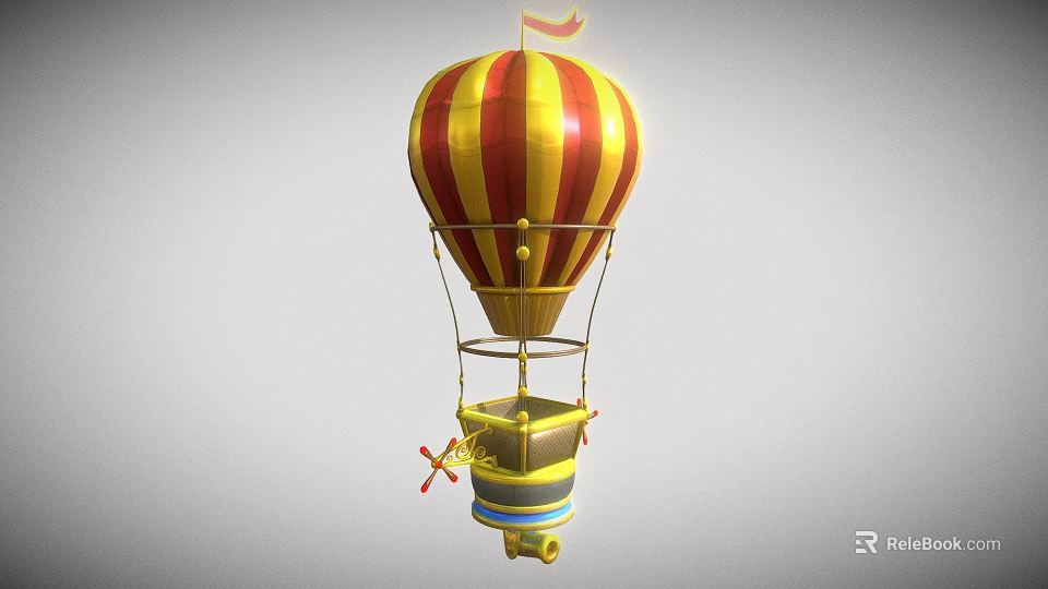 Colorful Hot Air Balloon With Red Yellow Stripes Flag And Hanging Basket 3d model 