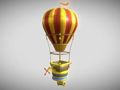 Colorful Hot Air Balloon With Red Yellow Stripes Flag And Hanging Basket 3d model