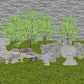 Natural Stone And Wood Decorations On Green Grass With Trees