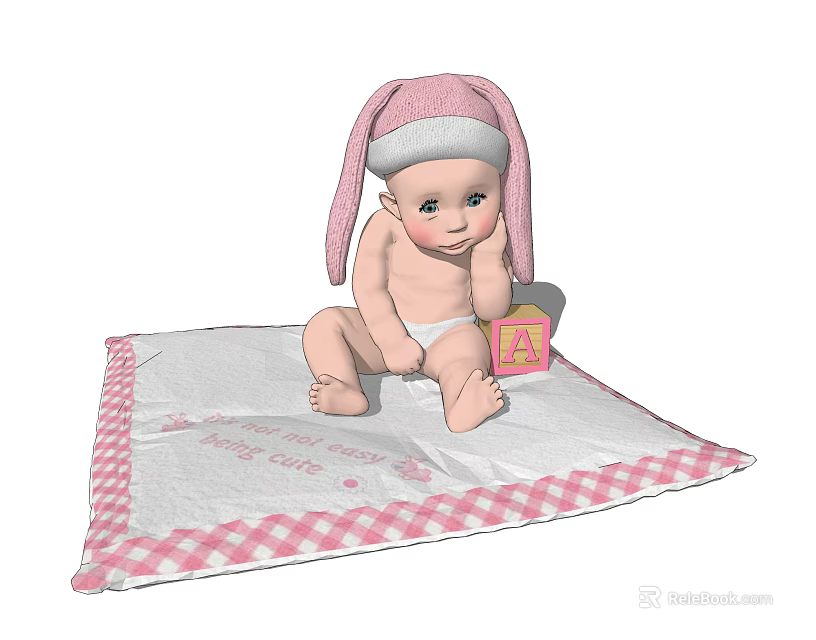 Adorable Baby Doll In Pink Rabbit Hat On White Checkered Blanket With Yellow Block A 3d model 