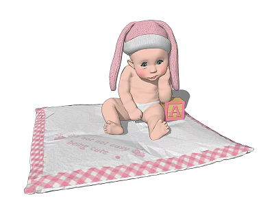 Adorable Baby Doll In Pink Rabbit Hat On White Checkered Blanket With Yellow Block A 3d model