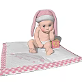 Adorable Baby Doll In Pink Rabbit Hat On White Checkered Blanket With Yellow Block A