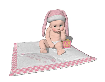 Adorable Baby Doll In Pink Rabbit Hat On White Checkered Blanket With Yellow Block A 3d model
