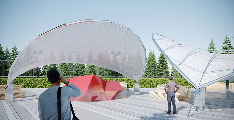 Modern Tensile Membrane Structure in Outdoor Area with Red Sculpture Green Trees and Wooden Deck 3d model 