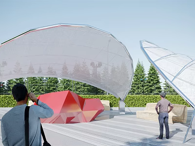 Modern Tensile Membrane Structure in Outdoor Area with Red Sculpture Green Trees and Wooden Deck 3d model