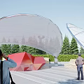 Modern Tensile Membrane Structure in Outdoor Area with Red Sculpture Green Trees and Wooden Deck