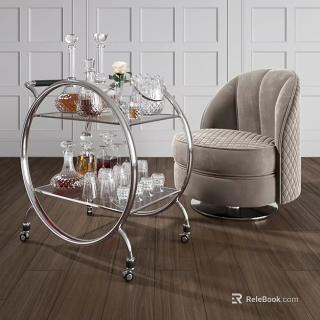Elegant Tufted Velvet Single Sofa Beside Metal Bar Cart With Glassware And White Paneled Wall 3d model 