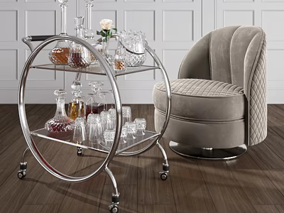 Elegant Tufted Velvet Single Sofa Beside Metal Bar Cart With Glassware And White Paneled Wall 3d model