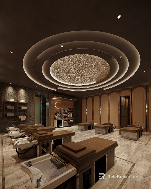 Luxurious SPA Sauna Interior With Circular Ceiling Massage Beds And Warm Lighting 3d model