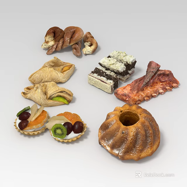 Variety of Tasty Foods with Braided Bread Layered Cakes Fruit Tarts and Roasted Ribs 3d model 